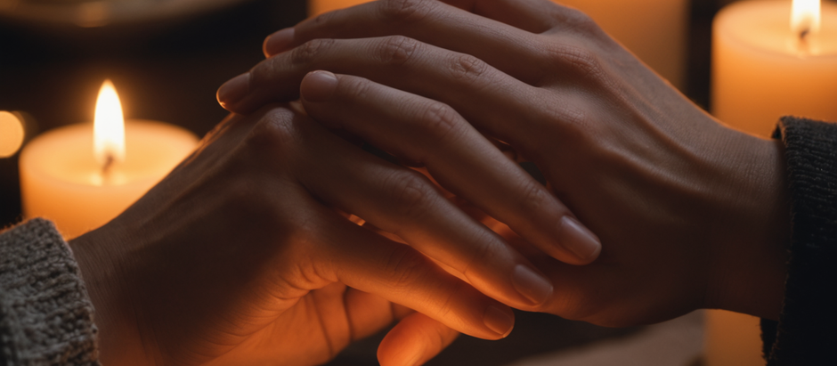 Two hands intertwined with candles in the background