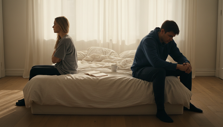 Eye-level view of a couple sitting apart on a bed in soft morning light.