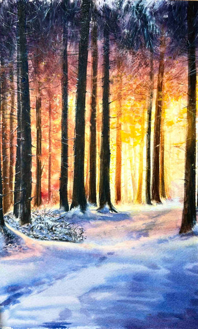 Waldlichtung im Schnee von hinten von der untergehenden Sonne beschienen. Oranges Licht fällt warm auf den Schnee. Wunderschöner Winterwald von hinten beschienen, NEuschnee im Wald, romantisches Naturmotiv im Aquarell, Landschaftsmotiv Winter Schnee