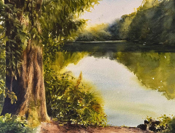 „Saaler See V“ – Landschaftsaquarell von Annett Coumont mit altem Baum am Ufer, sommerlichem Grün und hellen Spiegelungen auf dem ruhigen Saaler See.