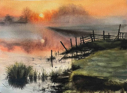 Aquarell „Morgennebel im Moor“ – Moorlandschaft bei Sonnenuntergang mit Wasserreflexion, Nebel, Ufergras und Holzzaun in ruhiger Abendstimmung von der Aquarellkünstlerin Annett Coumont