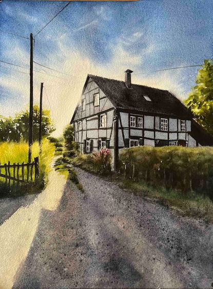 „Halfen Dombach“ – Aquarell von Annett Coumont mit historischem Fachwerkhaus im Bergischen Land, umgeben von sommerlicher Landschaft.