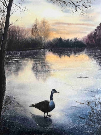 Aquarell „Goose on Ice“ von Annett Coumont mit einer Wildgans auf einem vereisten See, winterlichen Bäumen und sanftem Abendlicht.