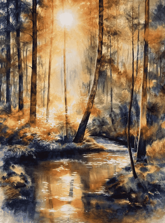 „Ethereal Dawn“ – modernes Aquarell einer lichtdurchfluteten Waldlandschaft mit warm leuchtenden Baumstämmen und Spiegelungen im Wasser von Annett Coumont.