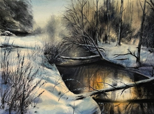 Aquarell „Winterstille“ – verschneite Winterlandschaft mit ruhigem Bach, kahlen Bäumen und warmem Lichtreflex im Wasser, stille Atmosphäre von der Aquarellkünstlerin Annett Coumont