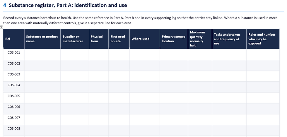 Blank substance register form with table columns for ref, supplier, storage, use, quantity, tasks, and exposed roles.