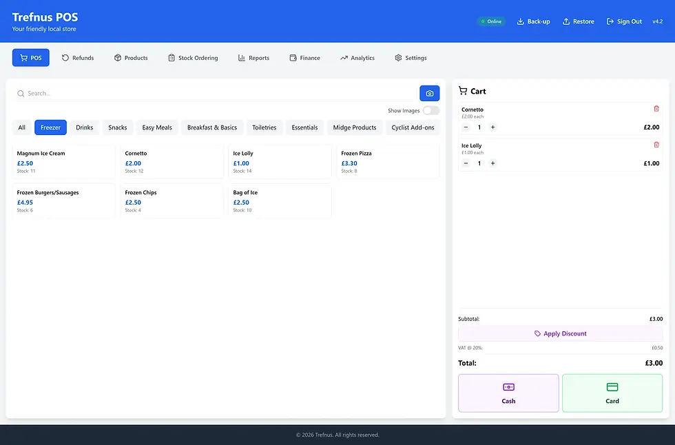 Trefnus POS interface with product list for freezer items, prices, and stock. Cart shows Cornetto and Ice Lolly. Total: £3.00. Options: Cash, Card.