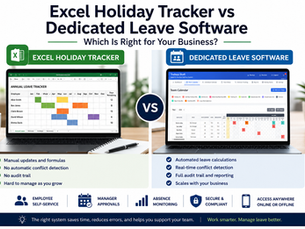 Infographic comparing Excel Holiday Tracker and Dedicated Leave Software on laptops, with charts, features, and a VS badge.