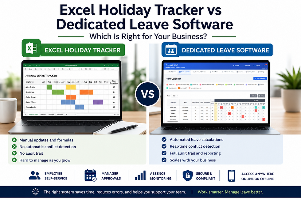 Infographic comparing Excel Holiday Tracker and Dedicated Leave Software on laptops, with charts, features, and a VS badge.