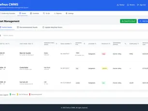 Asset management dashboard with a blue header, listing assets by ID, description, model, and more. Options to export or add assets.