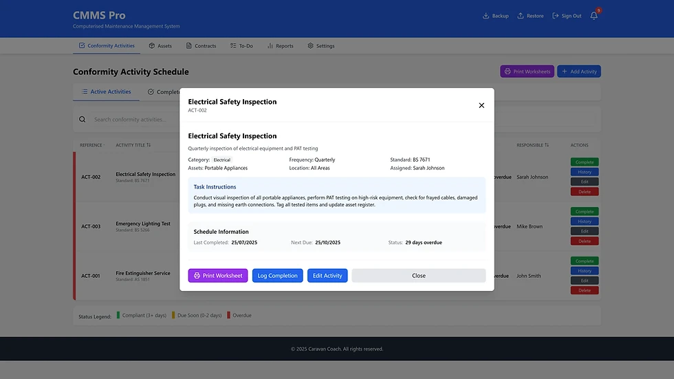 Screen Shot of CMMS App - Conformity activity detailed view