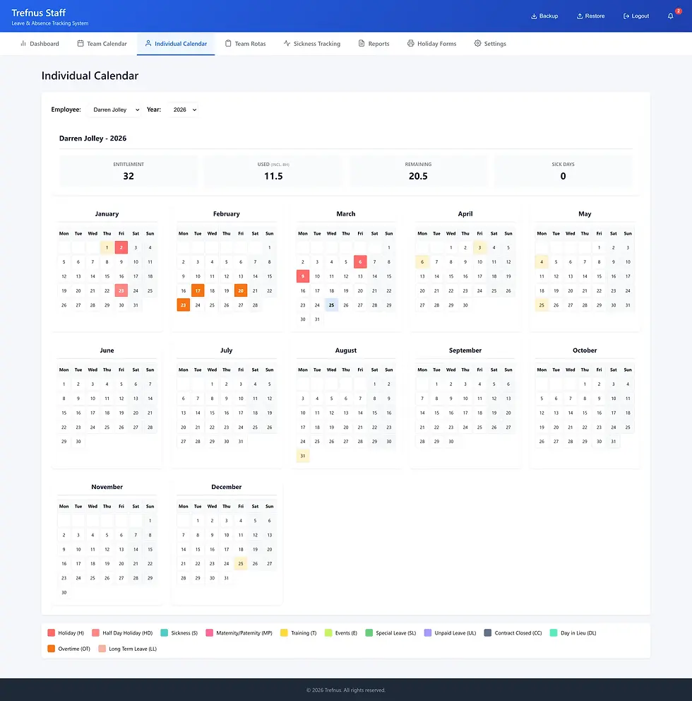 Employee calendar interface for 2026 with labeled leave types such as holidays, sickness, and events. Blue header with navigation menu.Employee calendar interface for 2026 with labeled leave types such as holidays, sickness, and events. Blue header with navigation menu.