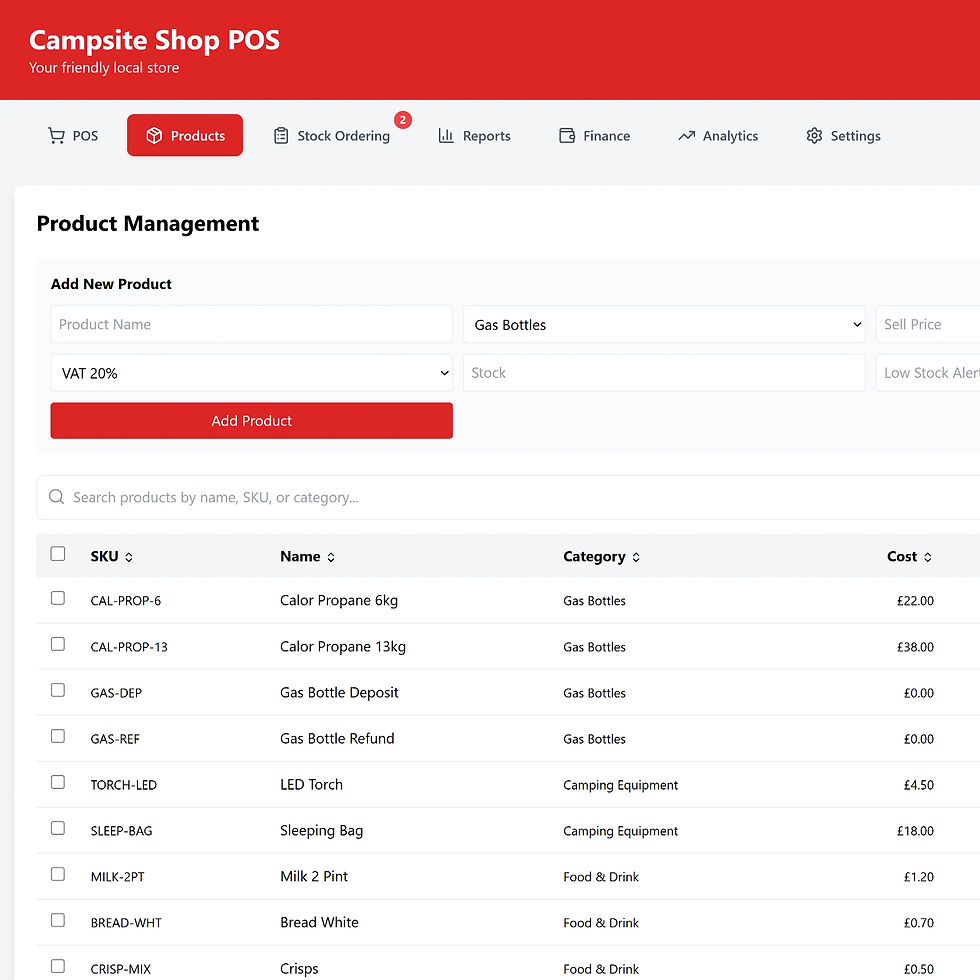 Screen shot of POS App - Products view