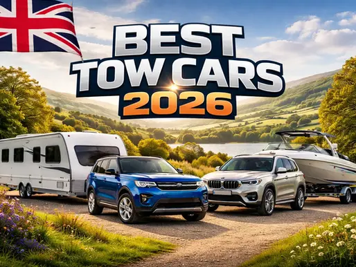 Two SUVs towing a caravan and a boat on a scenic road under a "Best Tow Cars 2026" banner. A British flag waves above.