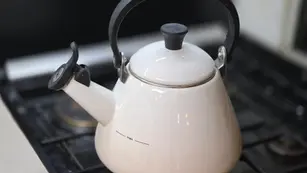 White kettle on a stove with black handle and spout lid. "Max" text on the side. Set in a kitchen environment.