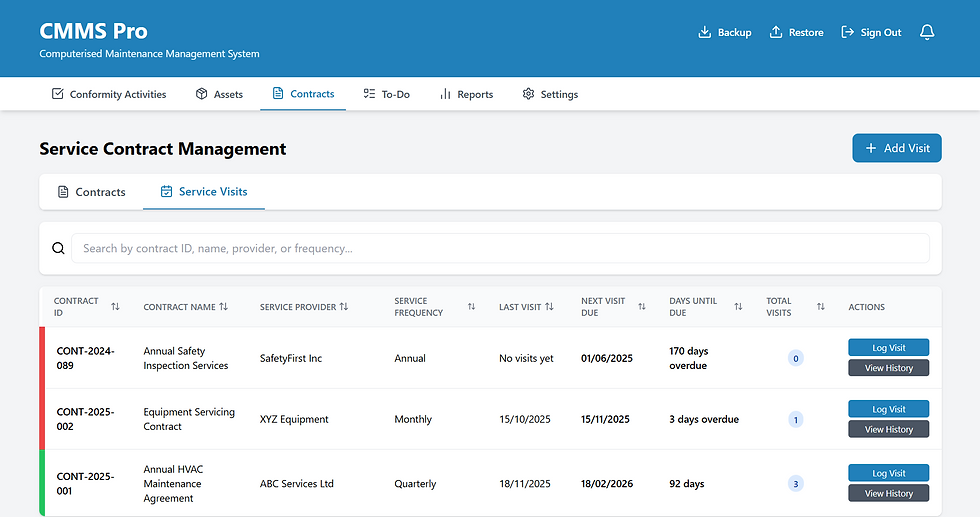 Screen shot of CMMS software