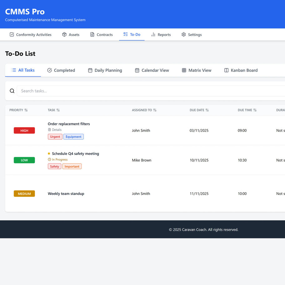 Screen Shot of CMMS App - To do tasks