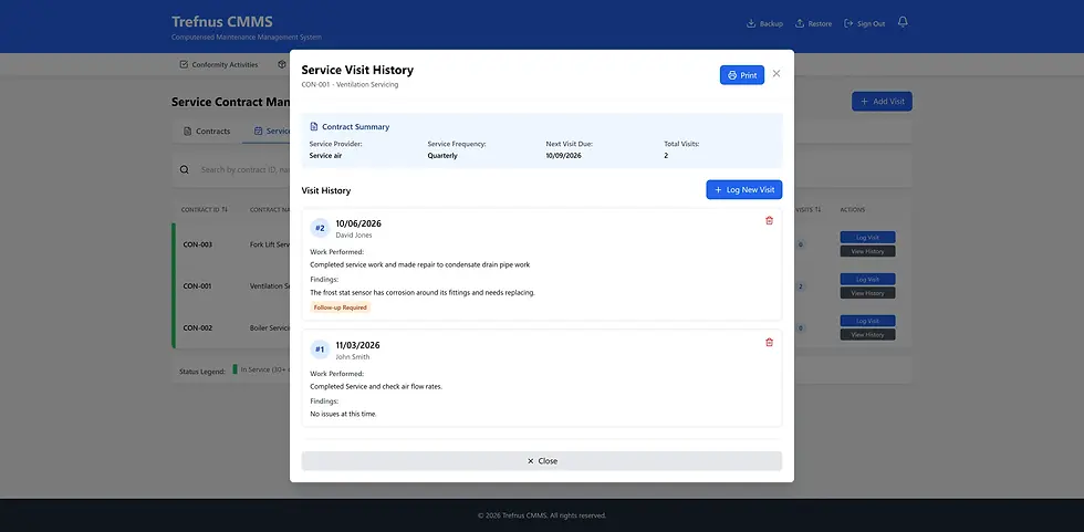Service Visit History screen for Ventilation Servicing. Shows contractor details, visit notes with issues and follow-up required notification.