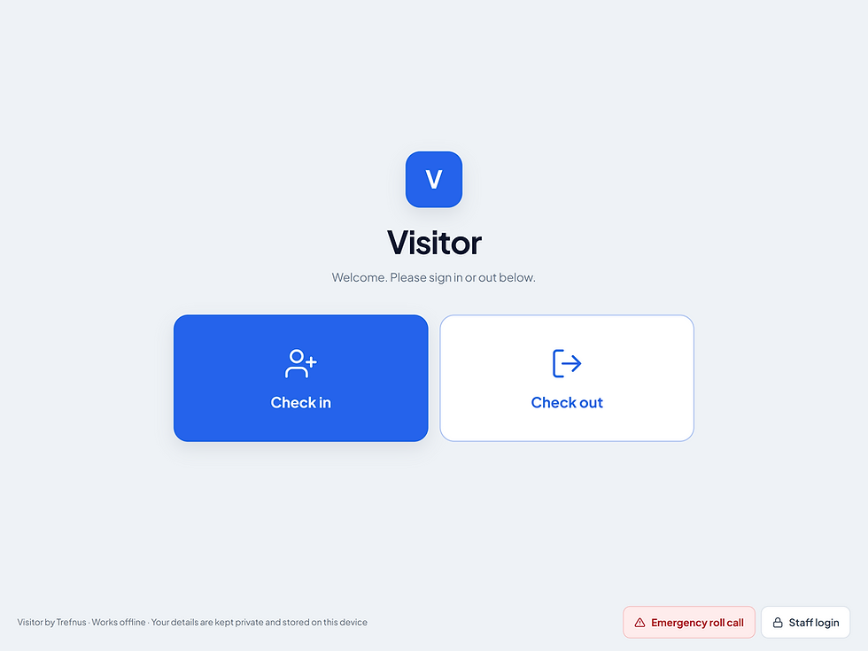 Visitor sign-in screen with blue V logo, Check in and Check out buttons, plus Emergency roll call and Staff login at bottom.
