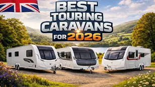 Three white caravans are parked on a scenic hillside with a UK flag. Text: "Best Touring Caravans for 2026" overlays the image.