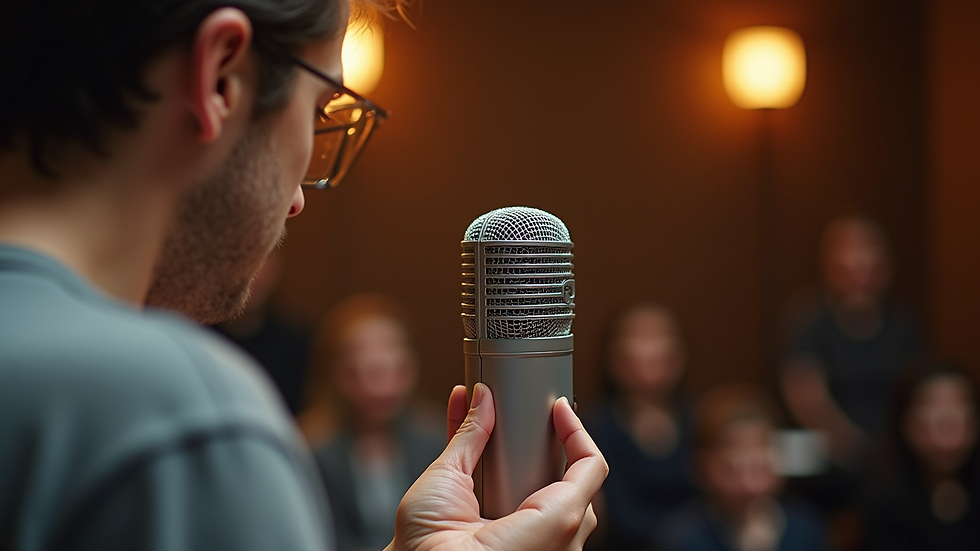 Close-up view of a music teacher adjusting a microphone in a studio