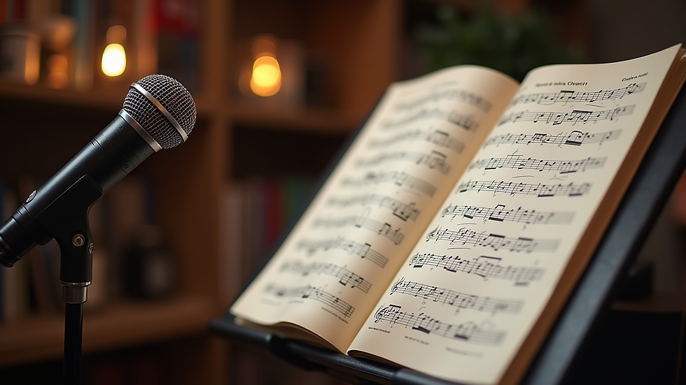 Close-up view of a music sheet and a microphone on a stand