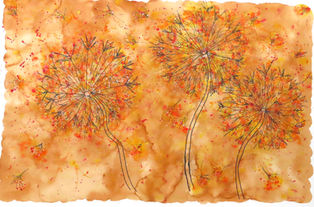 "Wishes" is a vibrant 40x60 inch watercolor painting mounted on a sturdy wood panel. Three whimsical, flower-like structures take center stage, sketched with delicate lines radiating from their centers. The backdrop features rich, warm tones of orange, yellow, and red, with splashes of contrasting colors adding depth and intrigue. Finished with archival beeswax resin, the piece is ready to hang without glass. "Wishes" evokes a dynamic sense of movement, inviting viewers to immerse themselves in its playful and lighthearted atmosphere.