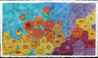 "Zinnia Garden" by Deborah Rees – a 23" x 39" watercolor and ink painting featuring a vibrant variety of zinnias in shades of yellow, orange, red, and purple. The bold floral arrangement contrasts with a vivid turquoise and violet background, creating a lush and lively garden scene.