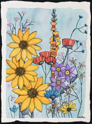 "Quaint Garden" by Deborah Rees – a 16" x 12" watercolor and ink painting featuring a colorful mix of wildflowers, including golden sunflowers, red poppies, violet blooms, and tiny white daisies. The layered composition pops against a soft blue background, evoking joy, variety, and garden whimsy.
