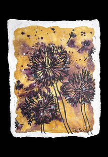 Watercolor painting of 3 dandelions on a golden background.