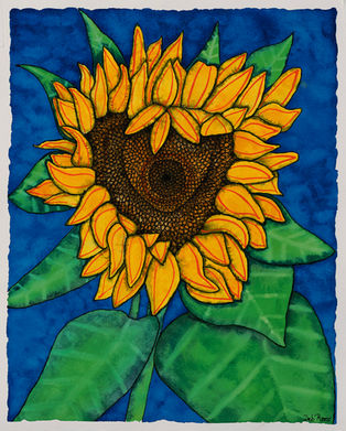 Sunflower watercolor painting with bright yellow petals, textured brown center forming a subtle heart shape, and green leaves against a deep blue background by Deb Rees