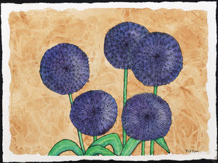 "Allium Unity" by Deborah Rees – an 18" x 24" watercolor and ink painting featuring five deep indigo allium flower heads with intricate ink detail. The blooms stand tall against a warm, textured tan background with bold green stems and leaves, symbolizing unity, strength, and natural harmony.