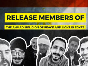 Campaign banner reading "Faith Is Not a Crime: Free AROPL Members in Egypt" with a dove symbol and photos of detained individuals, highlighting human rights violations.