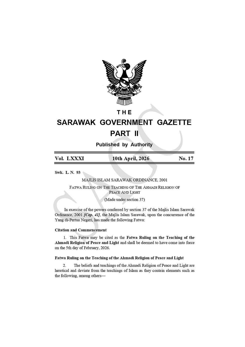 Sarawak State Issues Fatwa Against the Ahmadi Religion of Peace and Light