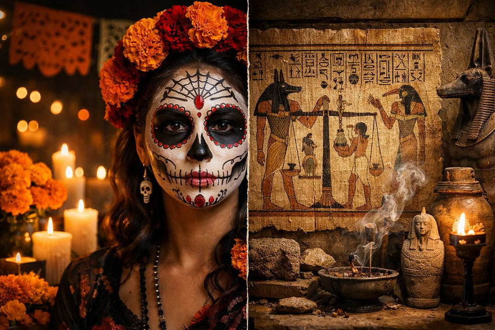 Woman with Day of the Dead makeup and marigold crown beside lit candles. Ancient Egyptian mural and incense in stone setting to the right.