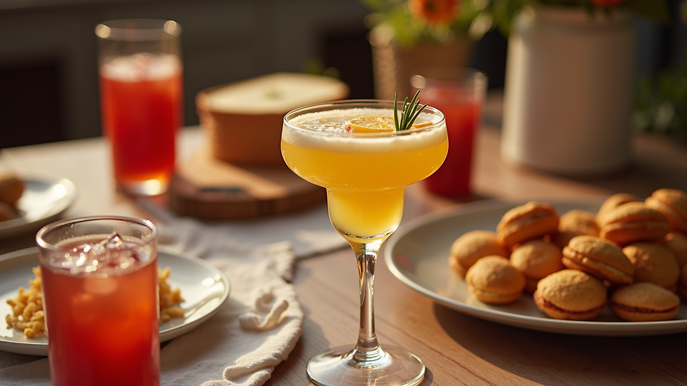 High angle view of a beautifully decorated party table with cocktails and snacks