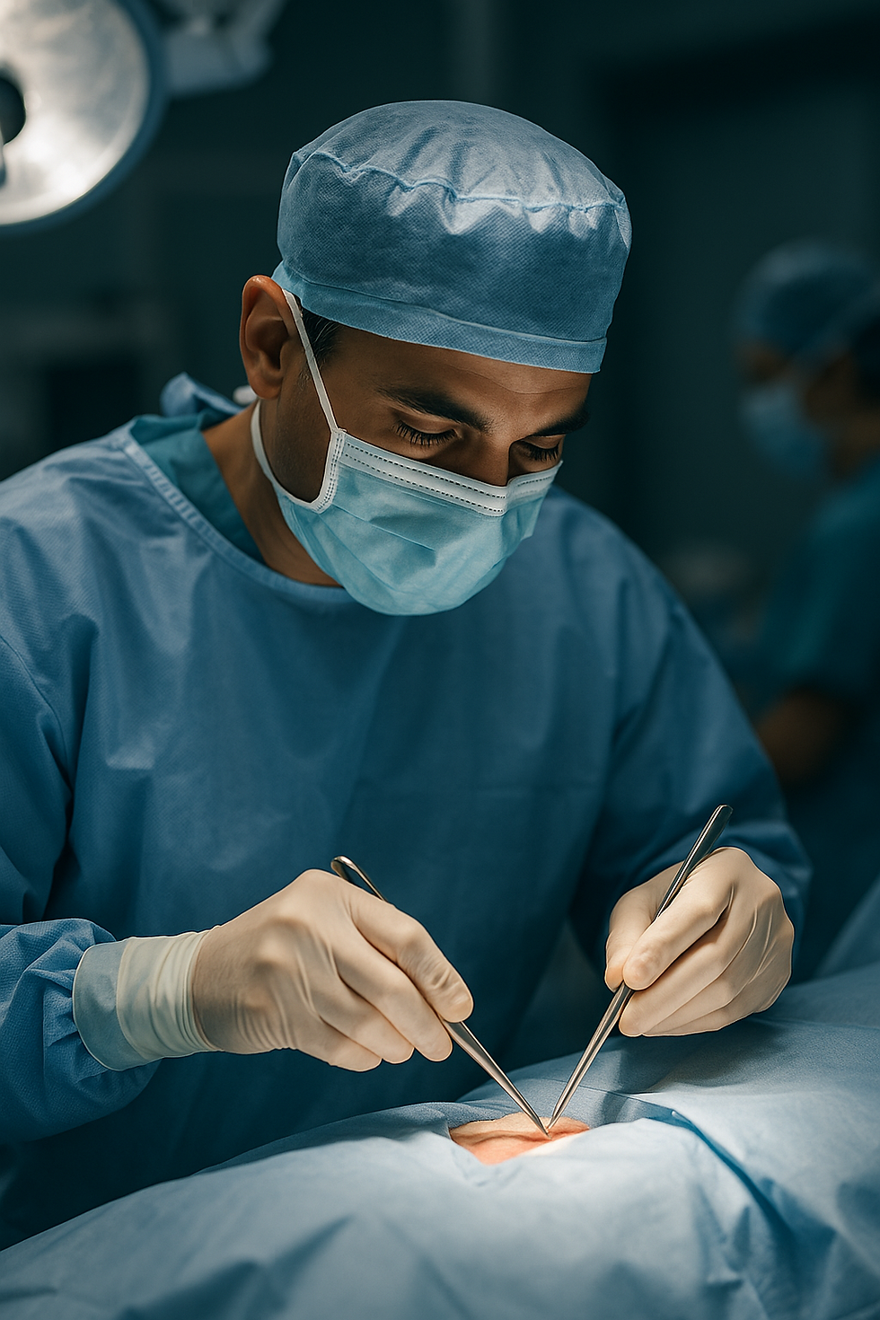 Cirujano con mascarilla y ropa quirúrgica realizando una operación en un quirófano, concentrado mientras utiliza instrumentos médicos sobre el paciente.