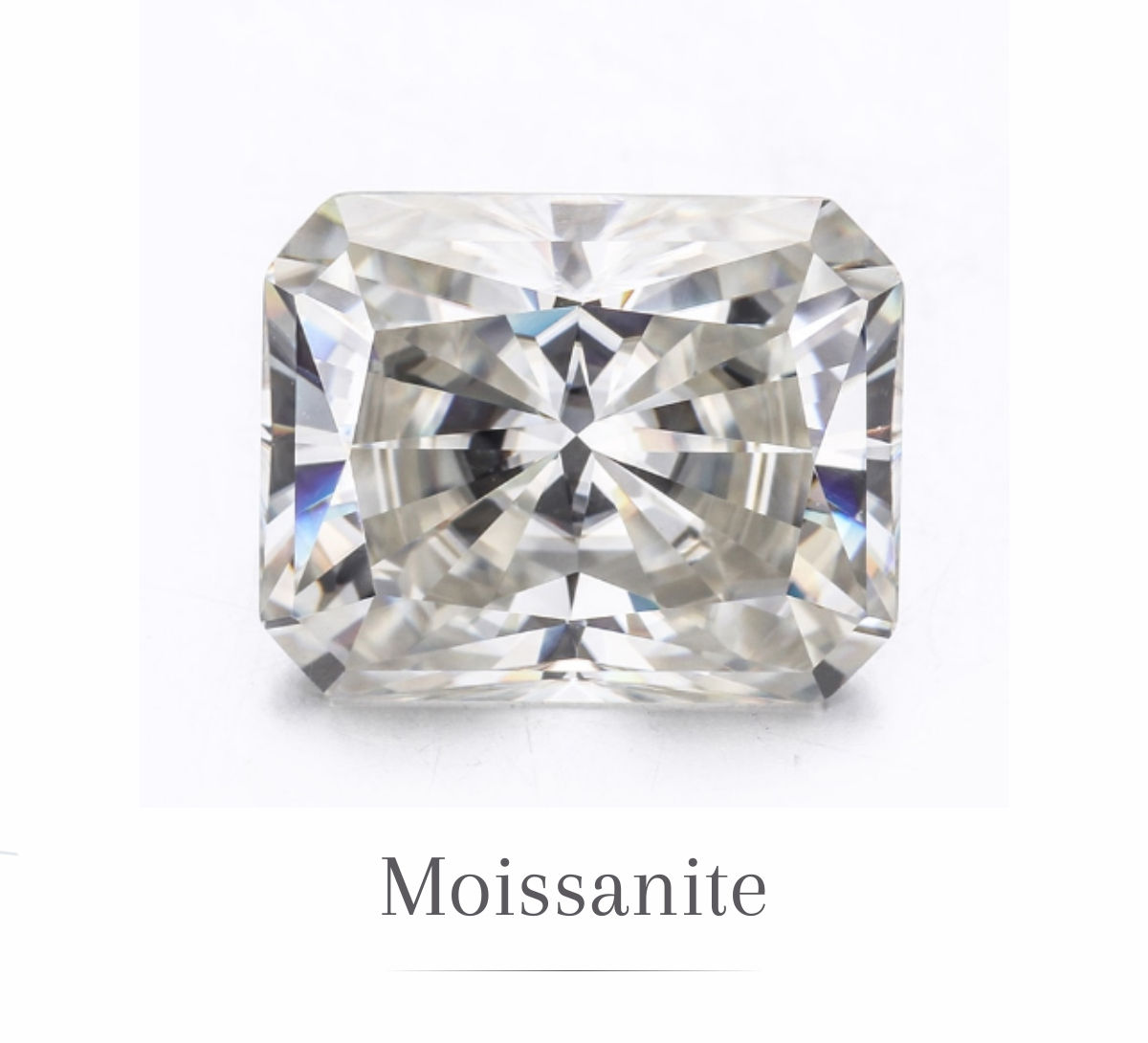 Rectangular moissanite gemstone with a brilliant cut, reflecting light on a white background. The word "Moissanite" is below it.