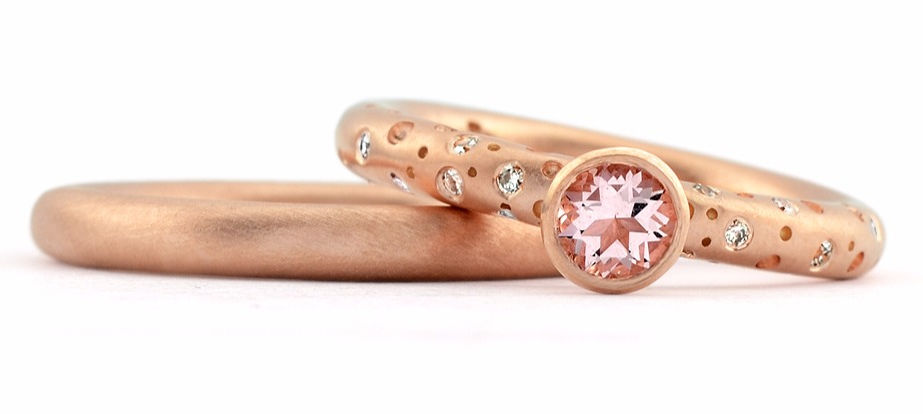 9ct rose gold and morganite halo engagement and wedding ring  by Kate Smith Jewellery, West Midlands, UK