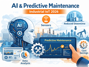 AI-driven predictive maintenance in industrial IoT, showing connected factory machines, sensors, data analysis, and cost-saving insights on a tablet.