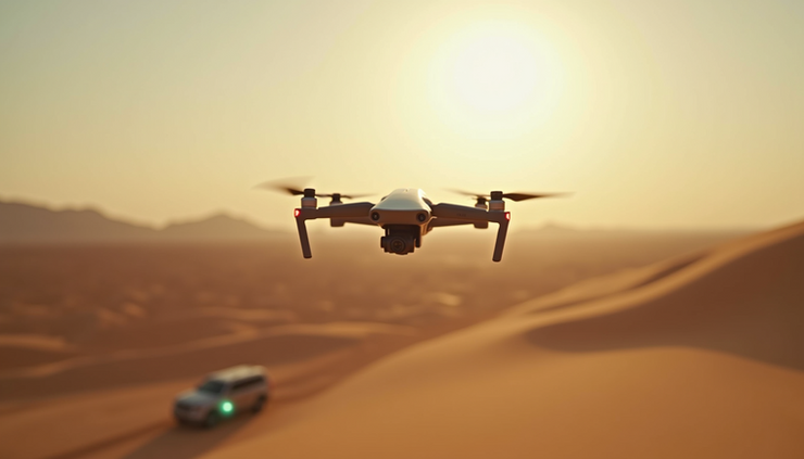 Eye-level view of a modern drone flying over a desert landscape