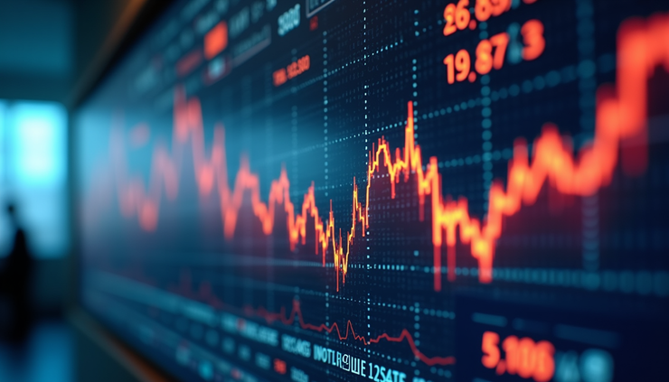 Eye-level view of a digital stock market display showing rising graphs and ticker symbols