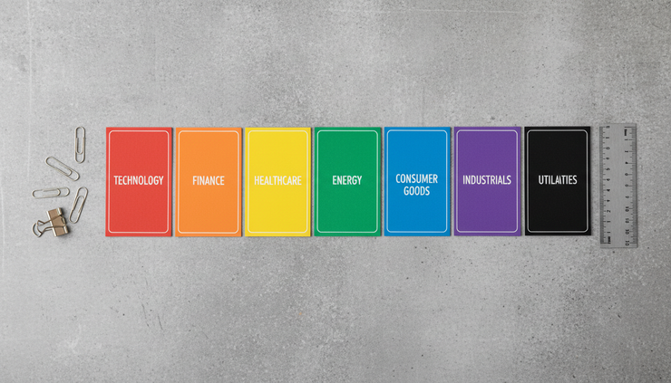 Overhead view of color-coded trading cards arranged by sector on a stone surface