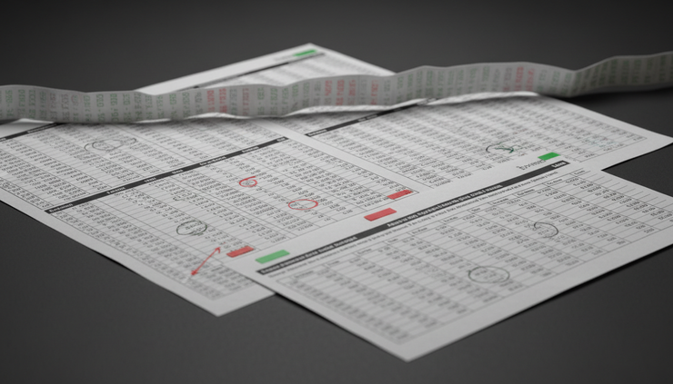 Wide-angle view of printed stock signal sheets arranged beside a market ticker strip.