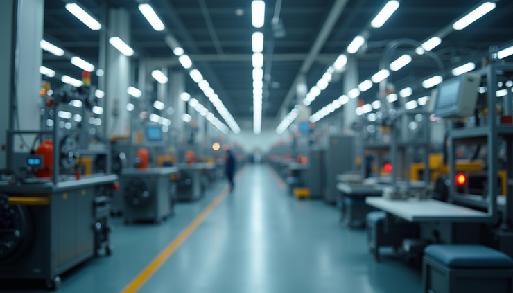 Eye-level view of a modern industrial manufacturing plant with machinery and assembly lines