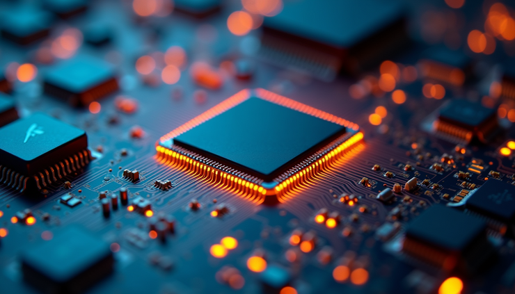 Eye-level view of a modern semiconductor chip on a circuit board
