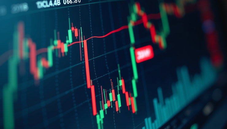 Eye-level view of a digital stock market dashboard displaying algorithmic trading signals