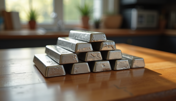 Eye-level view of silver bars stacked neatly on a wooden surface