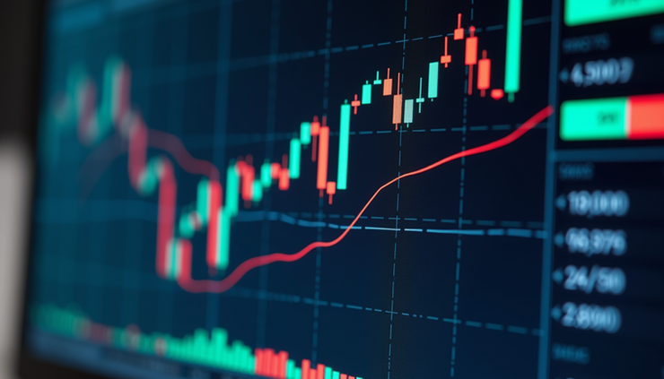 Eye-level view of a digital stock chart displaying buy and sell signals on a computer screen