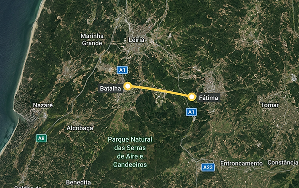 Satellite map showing the proposed Airmonkey route between Batalha and Fátima in Portugal